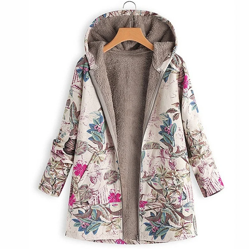 2021 Autumn Winter Women Warm Coats Vintage Plus Size Casual Printed Hooded Outwear Fashion Long Sleeve Zipper Jackets