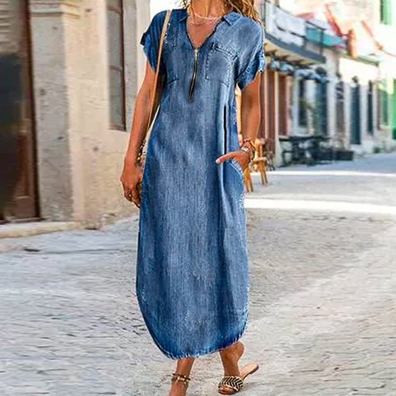 Women's Denim Dress Soft, Loose, Simple, Comfortable Summer Style Women's V-Neck Zipper Long Dress