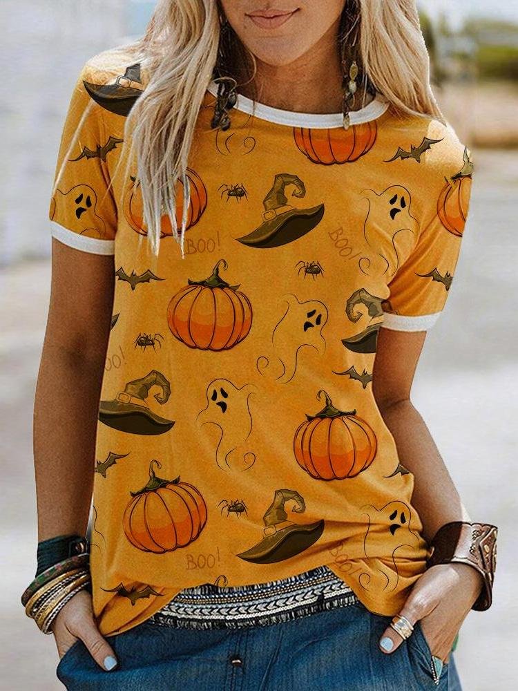Pumpkin Ghost Printed Halloween Short Sleeve T-Shirt