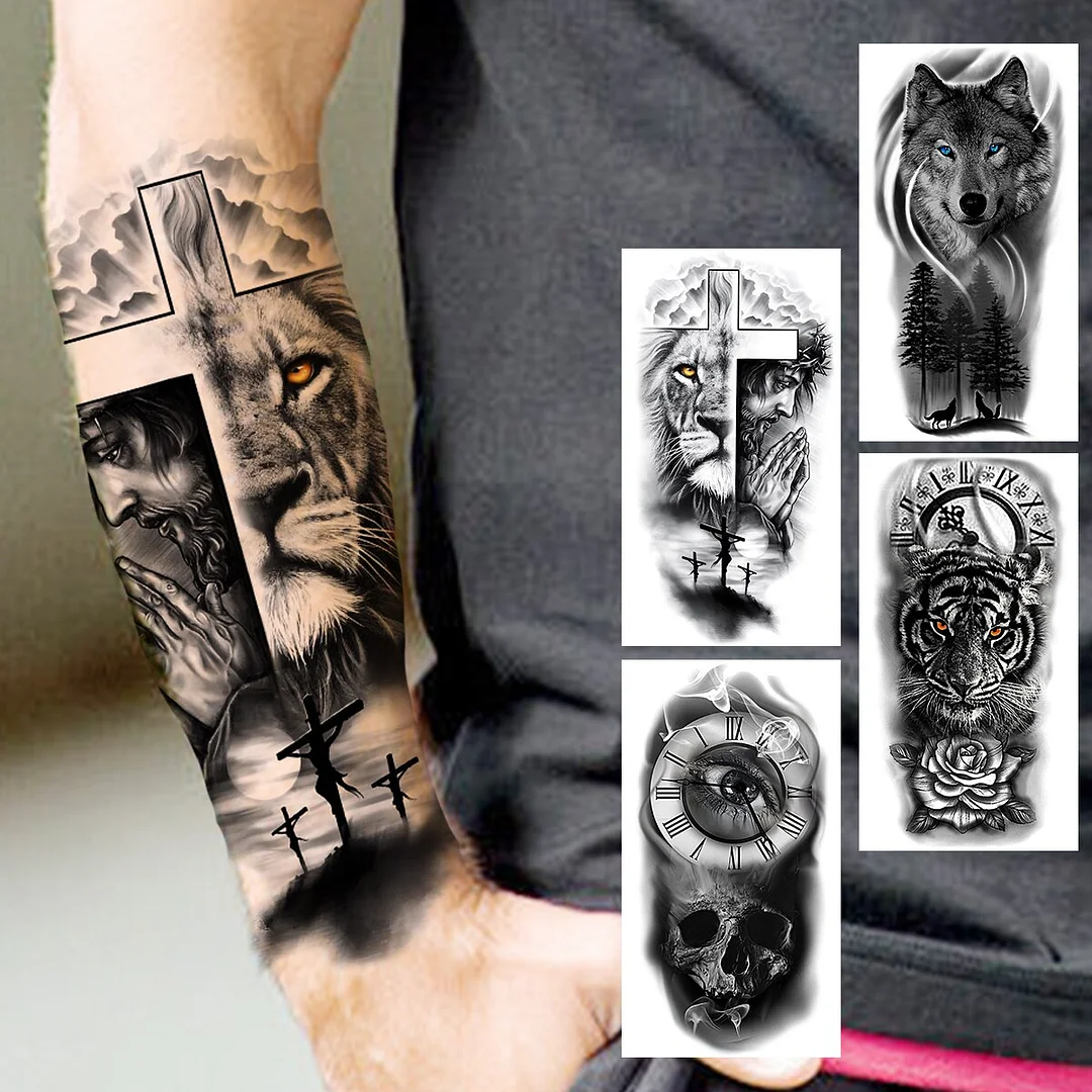 Sdrawing Praying Cross Temporary Tattoos For Men Adults Realistic Wolf Tiger Compass Skull Fake Tattoo Sticker Forearm Tatoos Arm
