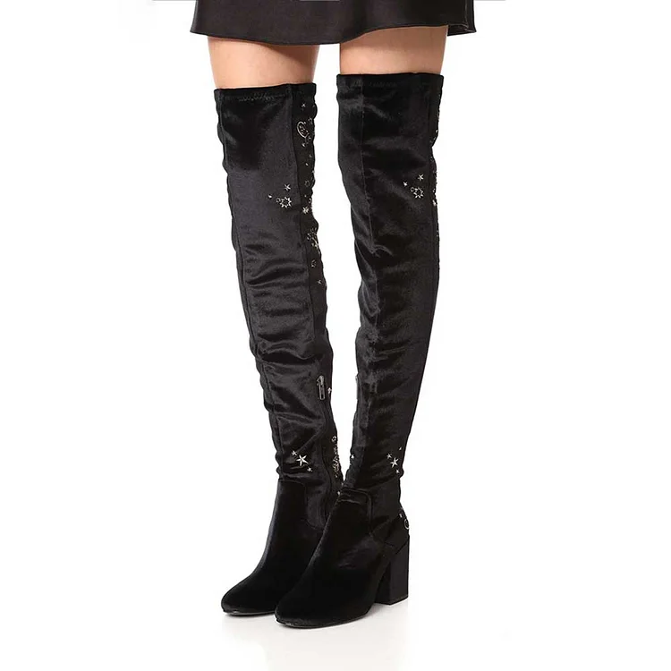 Black Velvet Stars Embroidered Block Heel Thigh High Boots for Women |FSJ Shoes