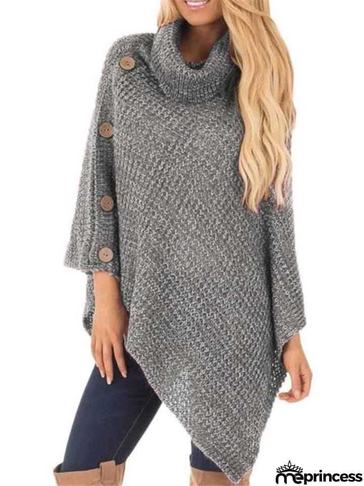 Women Fashion Warm Turtleneck Asymmetrical Sweater Cloak