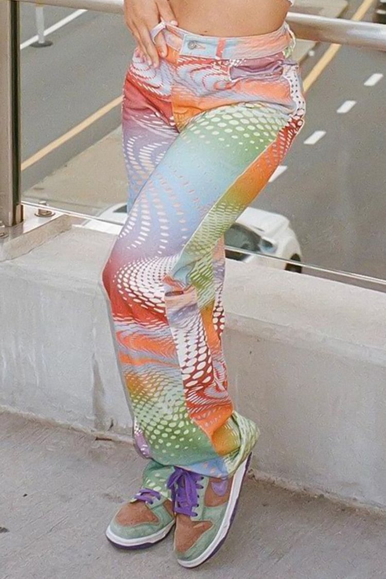 Rainbow Knit Cowboy Casual Fashion Printed Loose Long Pants