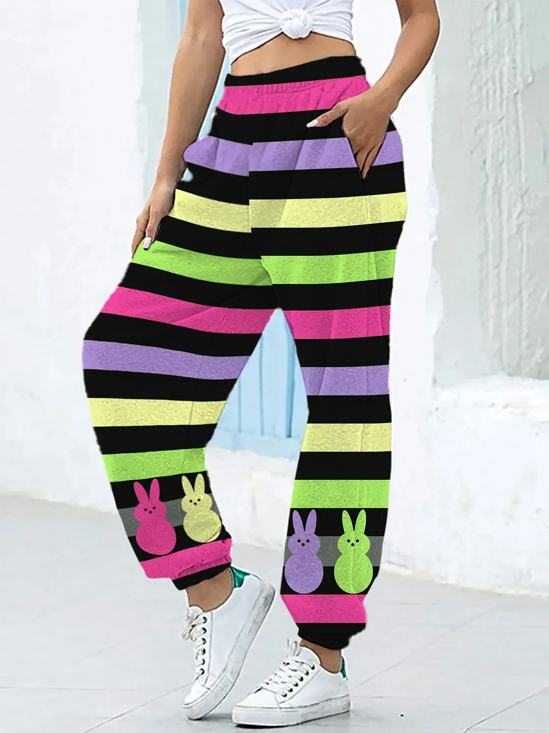 Women's Easter Bunny Candy Colorful Stripe Art Printed Joggers Sweatpants