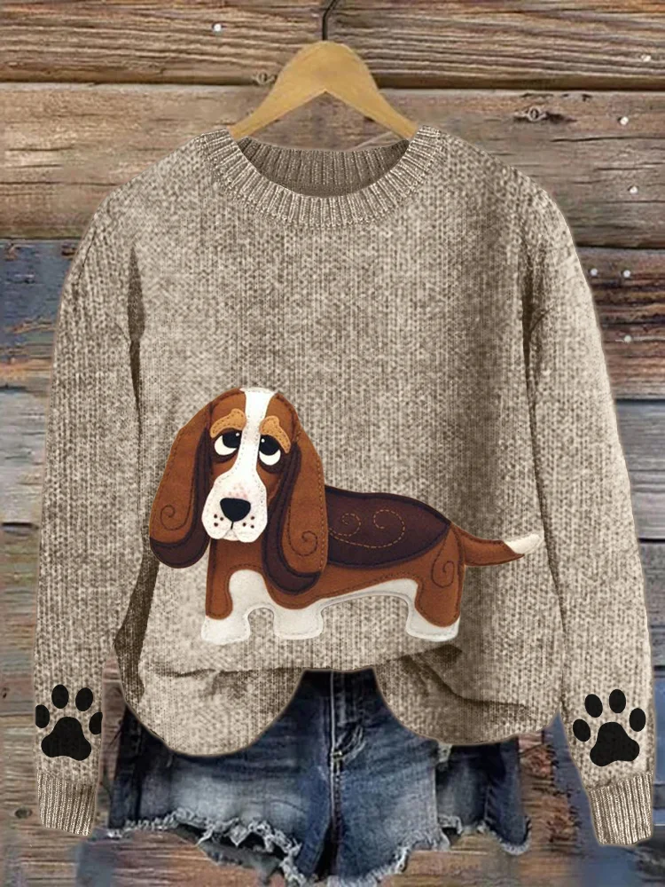 VChics Basset Hound Dog Patchwork Paw Prints Cozy Sweater