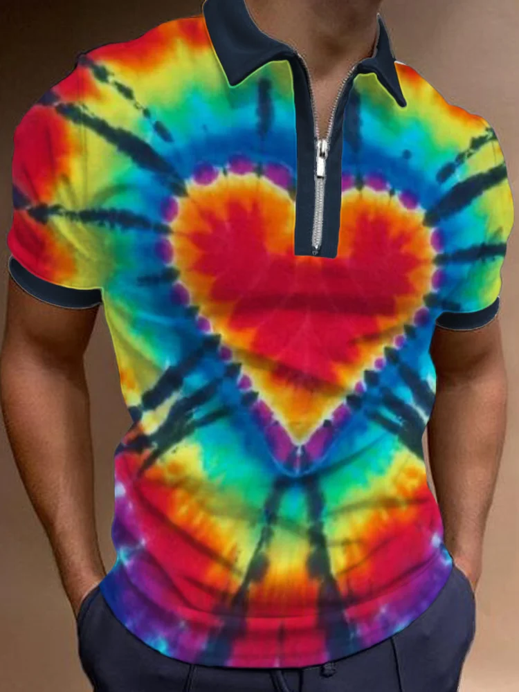 Rainbow Heart Tie Dye Zip Up Polo Shirt