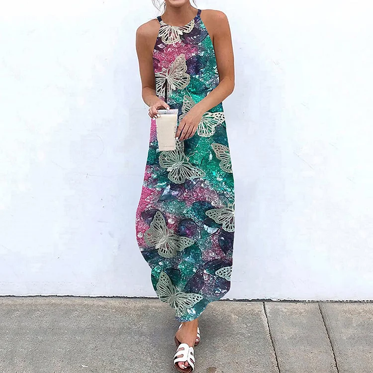 Vefave Butterfly Contrast Print Maxi Dress