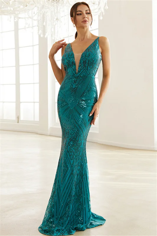 Luluslly Blue Mermaid Sleeveless Evening Dress Sequins Long On Sale YE0183