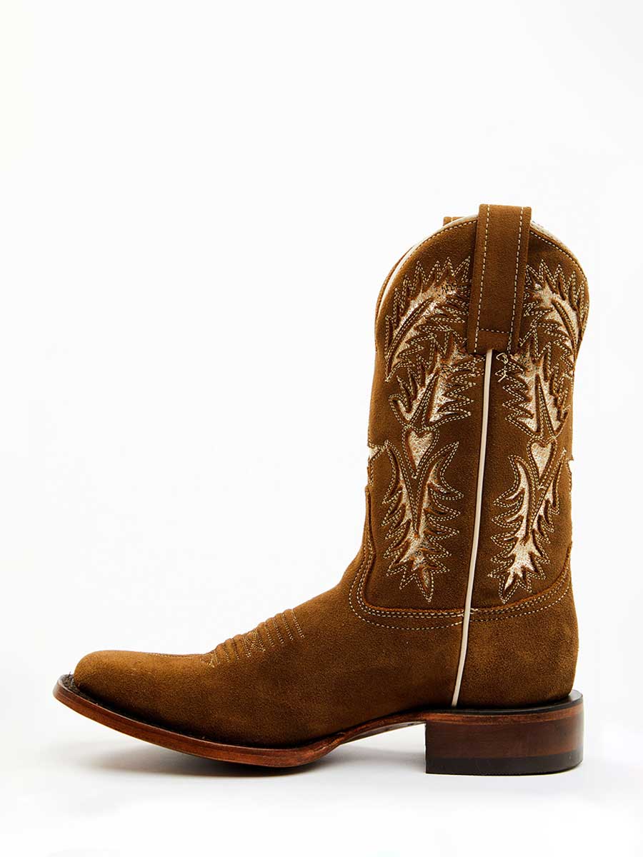 Brown Faux Suede Square Toe Silver Star and Hearts Inlay Cowgirl Boots