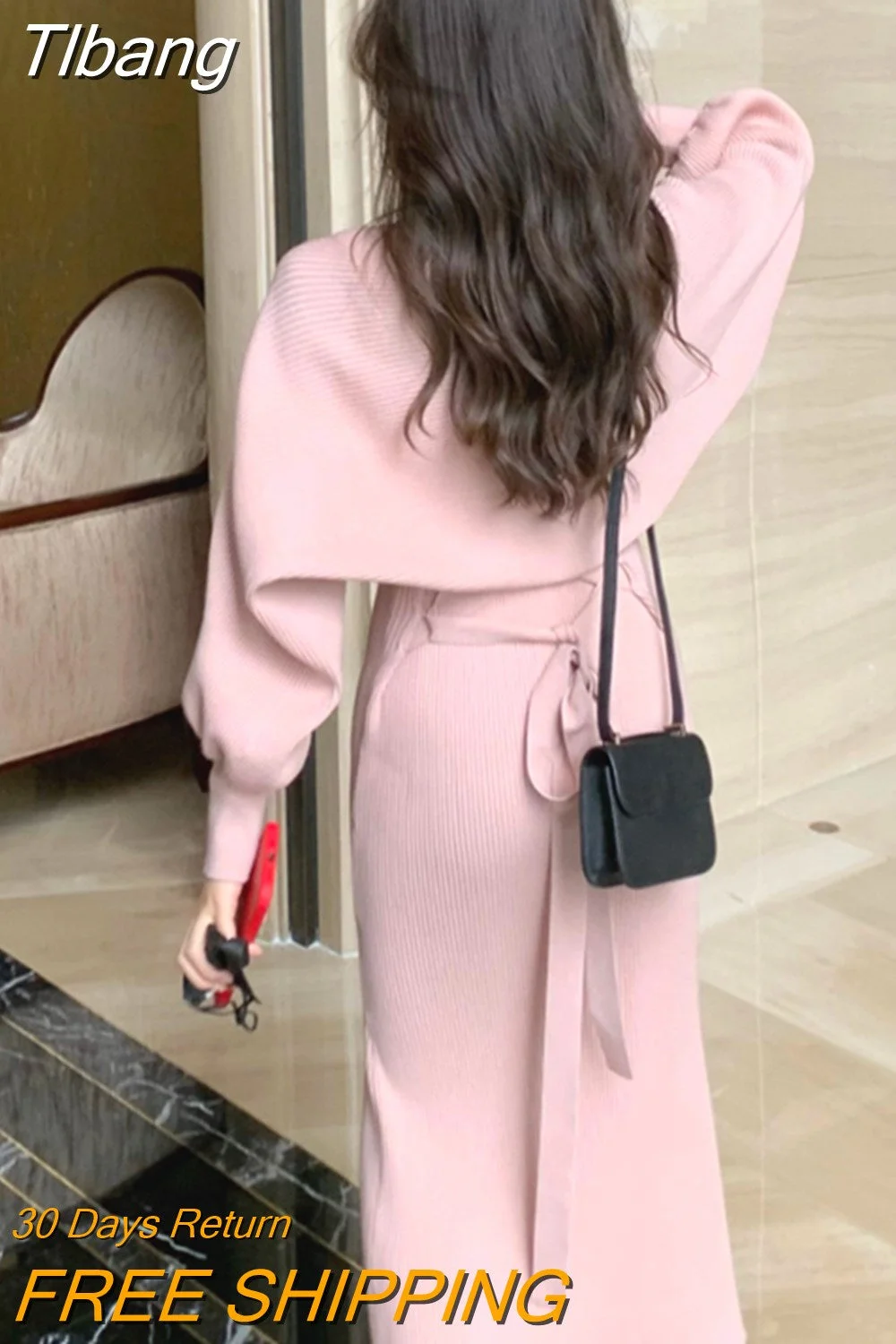 Tlbang Pink Elegant Two Piece Sweater Set Women Loose Warm Knitted Sweater Suit Female Bow Casual Korean Fashion Chic Set 2023
