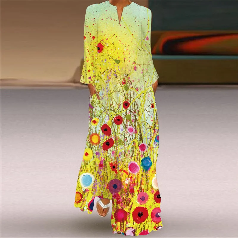 Brownm Long V-neck Printing Sleeve Pocket Printed Loose Dress
