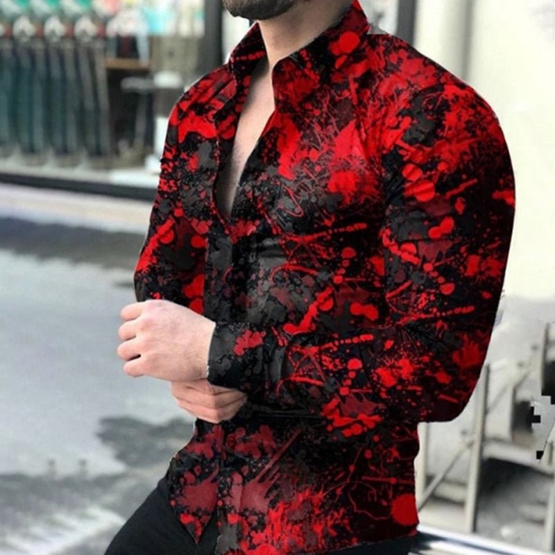 Red pattern printed long sleeve men shirt