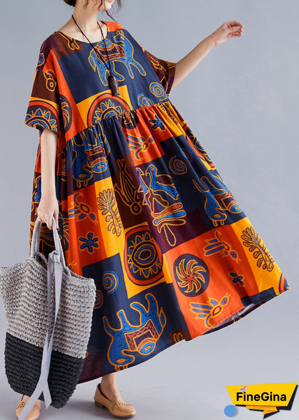 Women floral linen Robes Pakistani Wardrobes o neck Cinched Art Summer Dresses