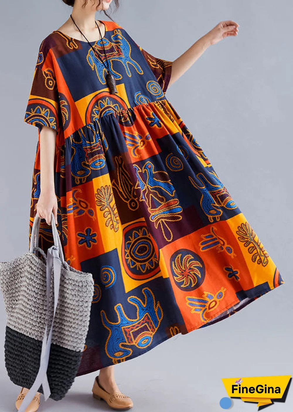 Women floral linen Robes Pakistani Wardrobes o neck Cinched Art Summer Dresses