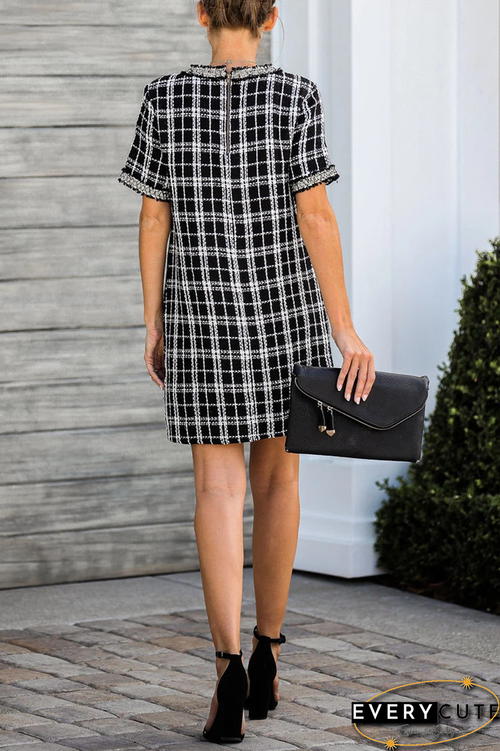 Casual Plaid Split Joint O Neck Straight Dresses