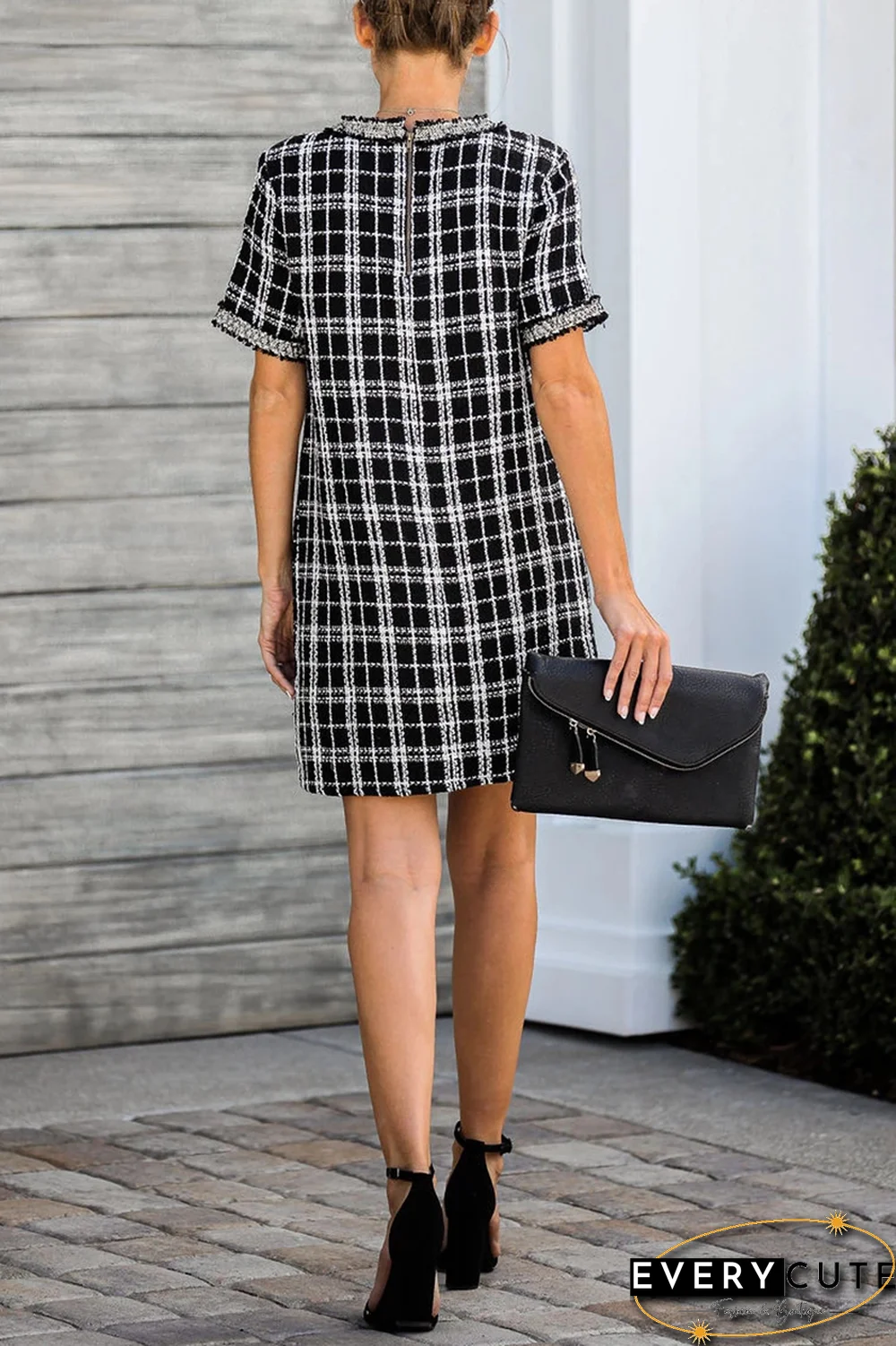 Casual Plaid Split Joint O Neck Straight Dresses