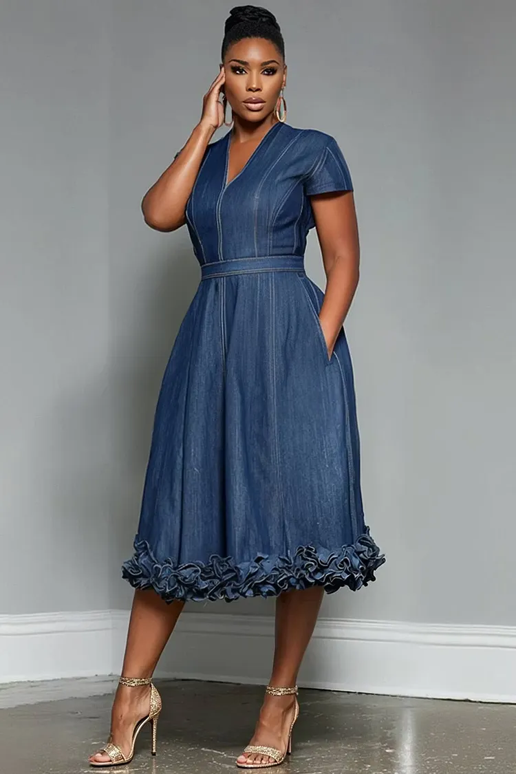Xpluswear Design Plus Size Business Casual Blue V Neck Short Sleeve Pocket Ruffle Tencel Denim Midi Dresses 2024 - Xpluswear