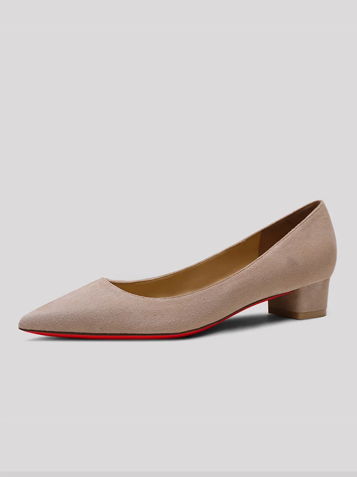 30mm Women's  Kitten Chunky Heels Pointed Toe Red Bottom Daily Wear Suede Pumps Low Heels Shoes