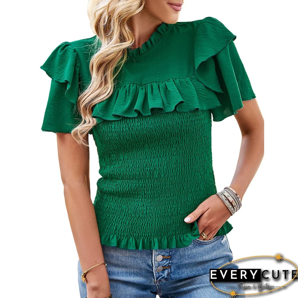 Green Drawstring Ruffle Short Sleeve Pleated Blouse