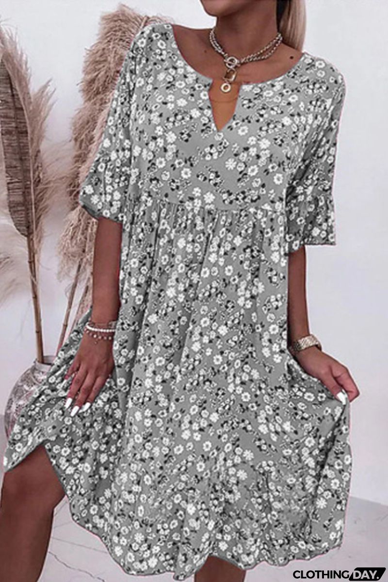 Floral Button Flares Sleeve Dress
