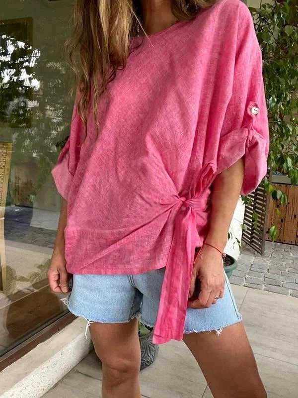 Solid Color Batwing Sleeve Knotted Loose Fit Shirt