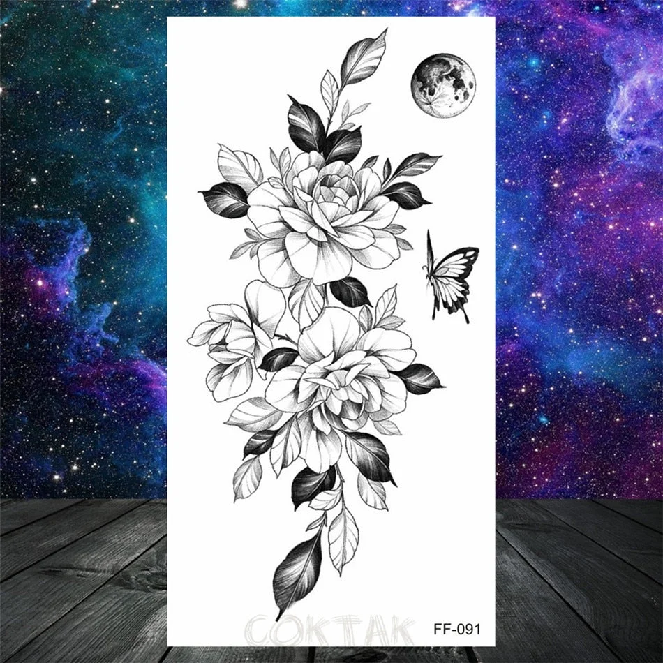 Owl Moth Jewelry Temporary Tattoo For Women Men Mandala Henna Flower Tattoo Mehndi Fake Pendants Geometric Tatoo Chest Back Lace