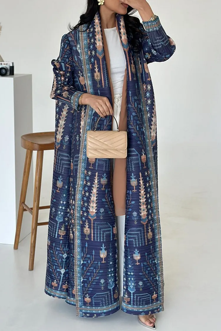 Shawl Collar Pattern Print Pleated Loose-Fit Abaya Long Cardigan