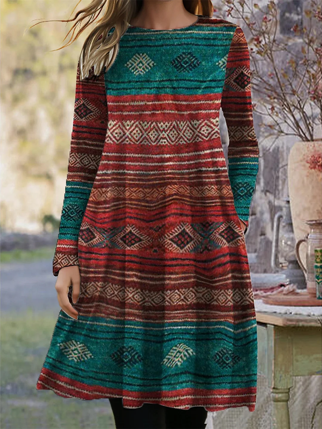 Women's Long Sleeve Scoop Neck Graphic Midi Dress