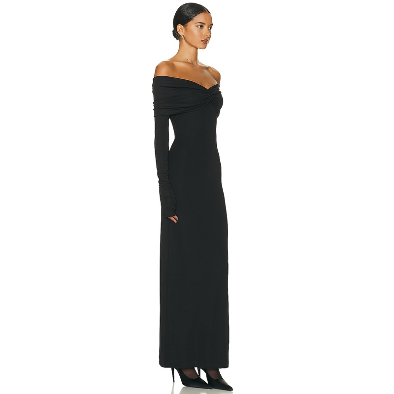 Ootddress White Pleated Slim Maxi Dress Elegant For Women Patchwork Off-Shoulder Fashion High Waist Dress Ladies Solid Party Dress