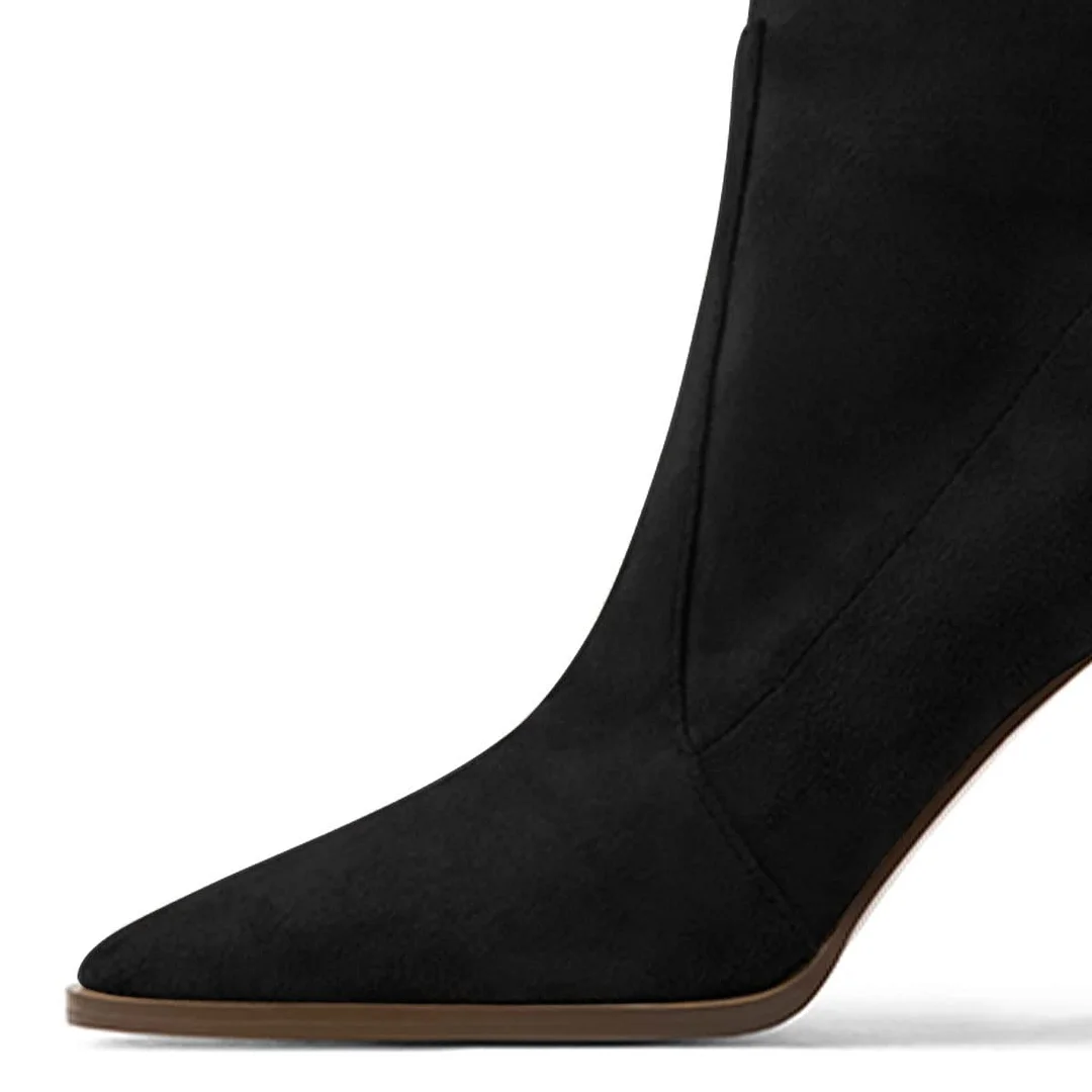 Faux Suede Square Toe Block Heeled Comfy Ankle Boots in Black