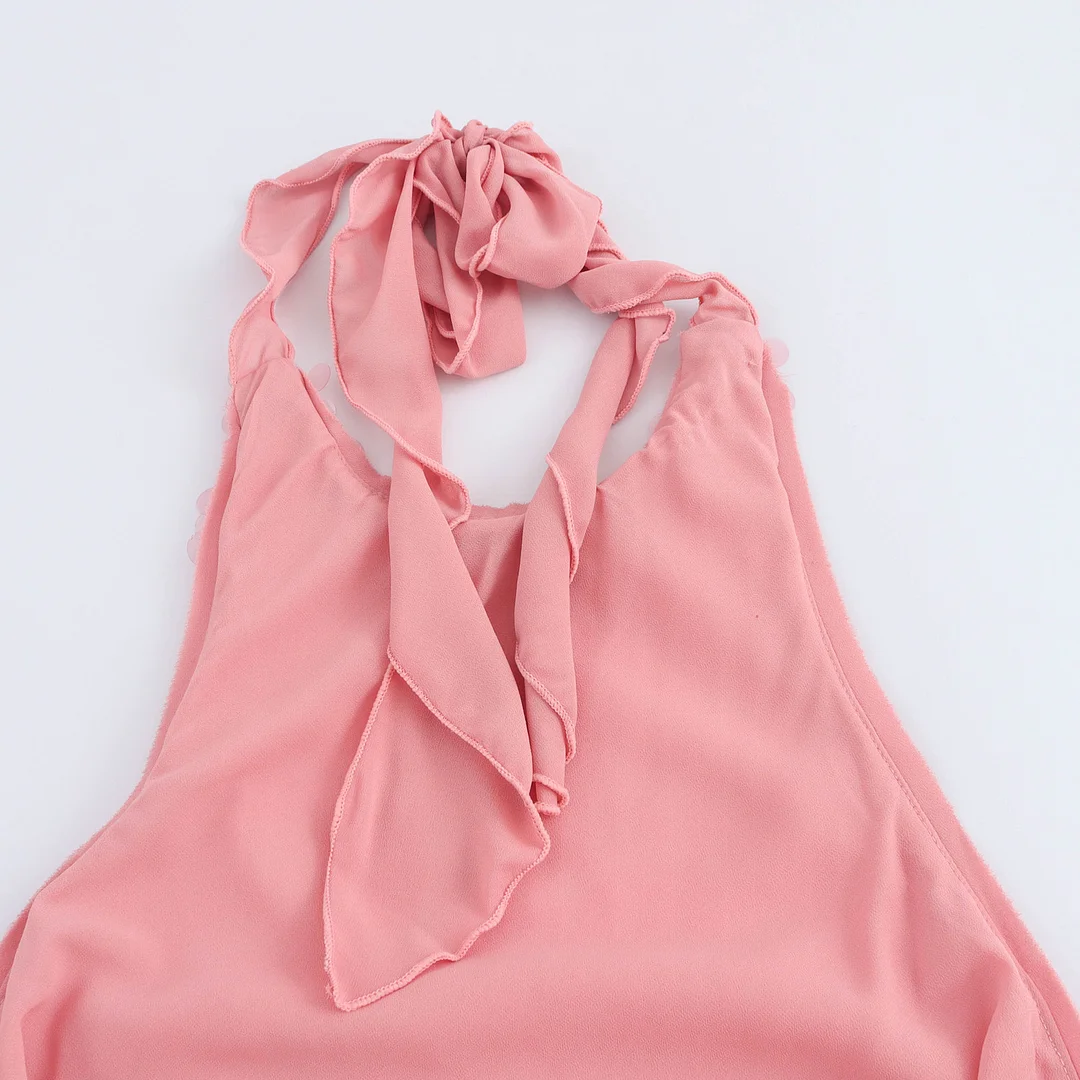 Nigikala Nigikala Women's Explosive Pink Beads Sexy Bare Back Hanging Neck Sleeveless Dress