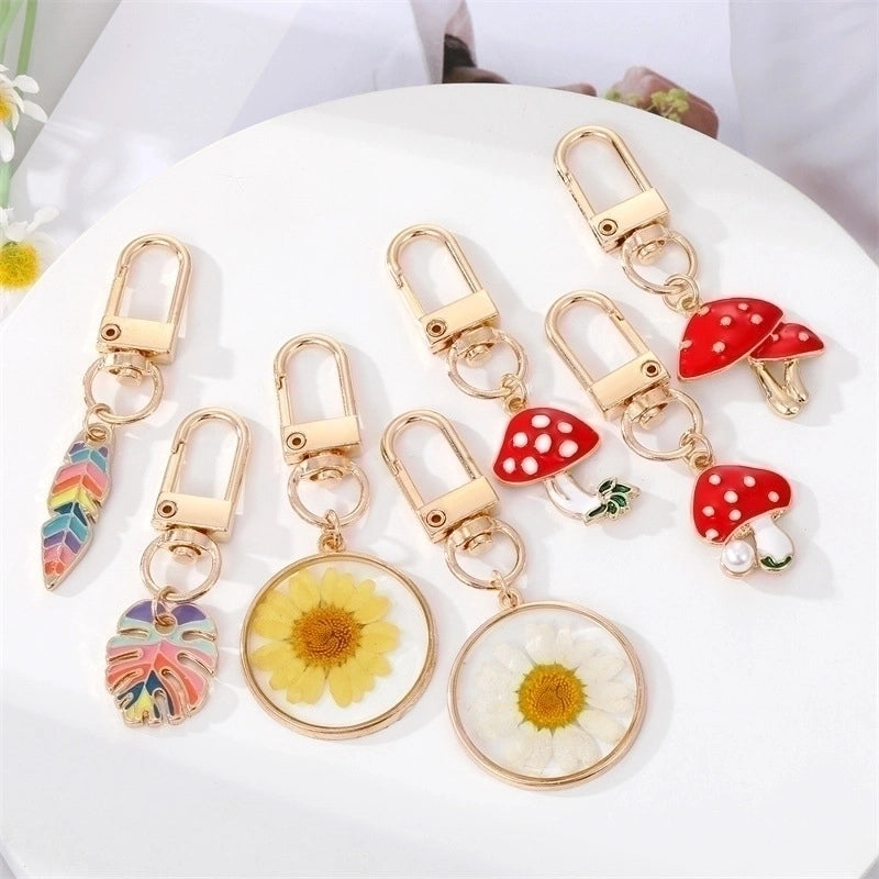 Colorful Oil Mushroom Feather Keychain Dried Flower Leaves Bag Pendant Accessories