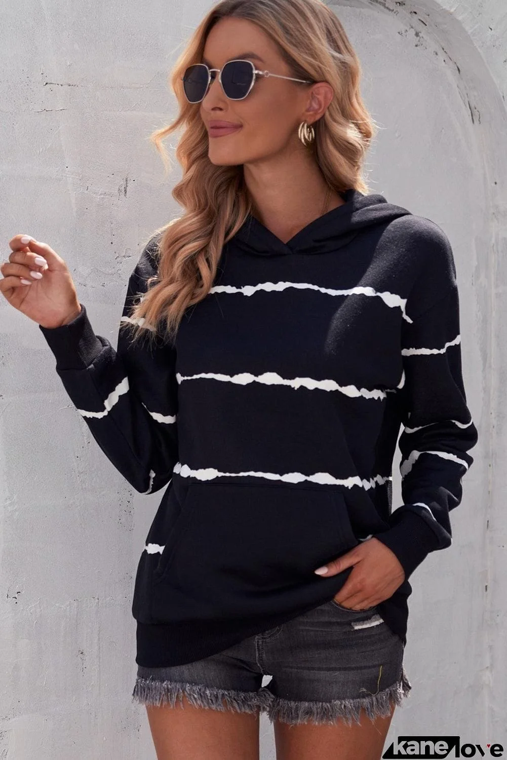 Striped Drop Shoulder Hoodie with Kangaroo Pocket