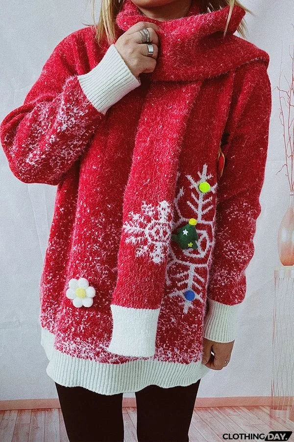 Christmas Pattern Knitted Round Tie Scarf Long Sleeve Sweater