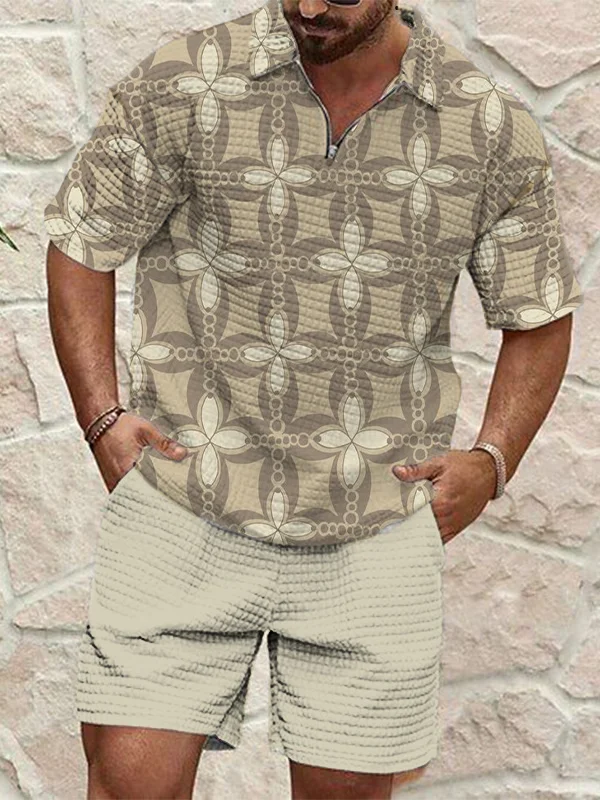 Men's Symmetric Geometric Pattern Print Zip Up Polo Shirt