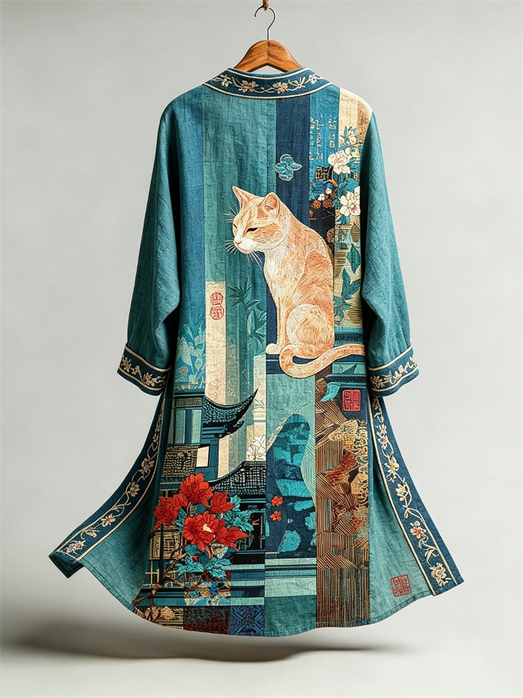 Cat Floral Japanese Landscape Colorblock Linen Long Kimono elevenforest