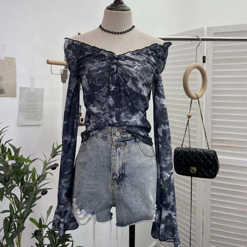 Uveng Vintage Print V-Neck Horn Sleeve Top Wooden Ear Lace With Short-Sleeved Long-Sleeved T-Shirt 9906