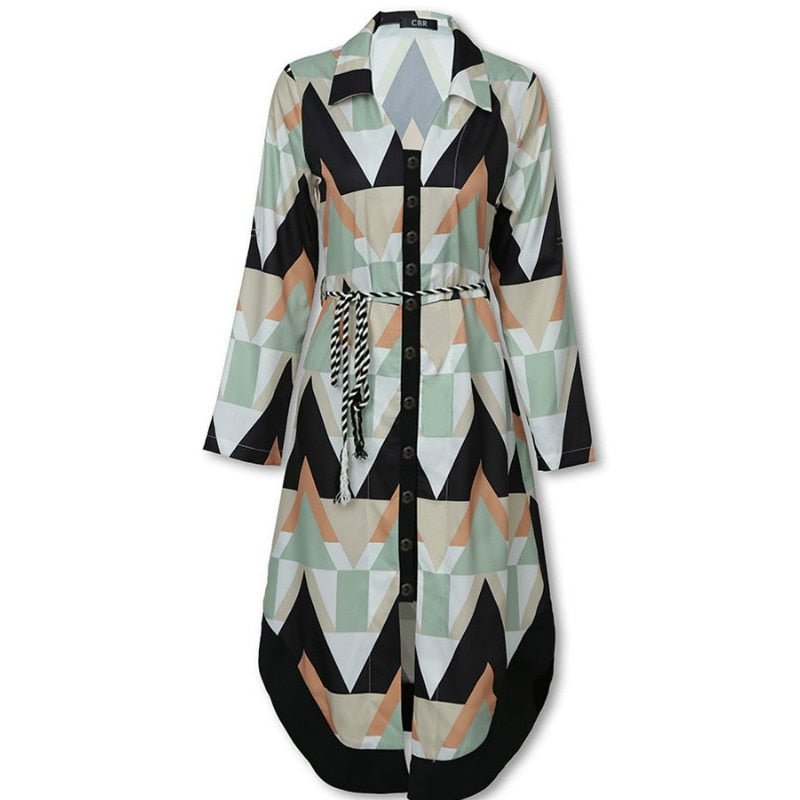 Women Autumn Streetwear Belted Shirt Style OL Dress Long Sleeve Wave Print Long Sleeve Casual Dress Plus Size S-2XL