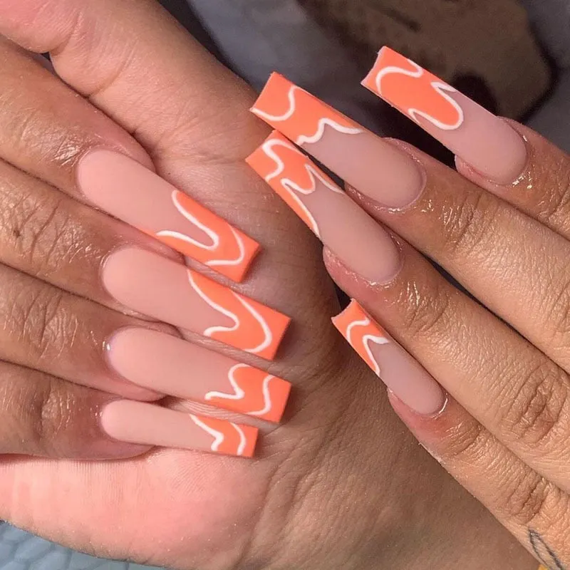 24pcs/set Long Coffin Fake Nails Pre-design Foils Decal Pink Orange Full Cover Nail Art Tips Ballerina Acrylic False Nails 515-1-Nail Inspo