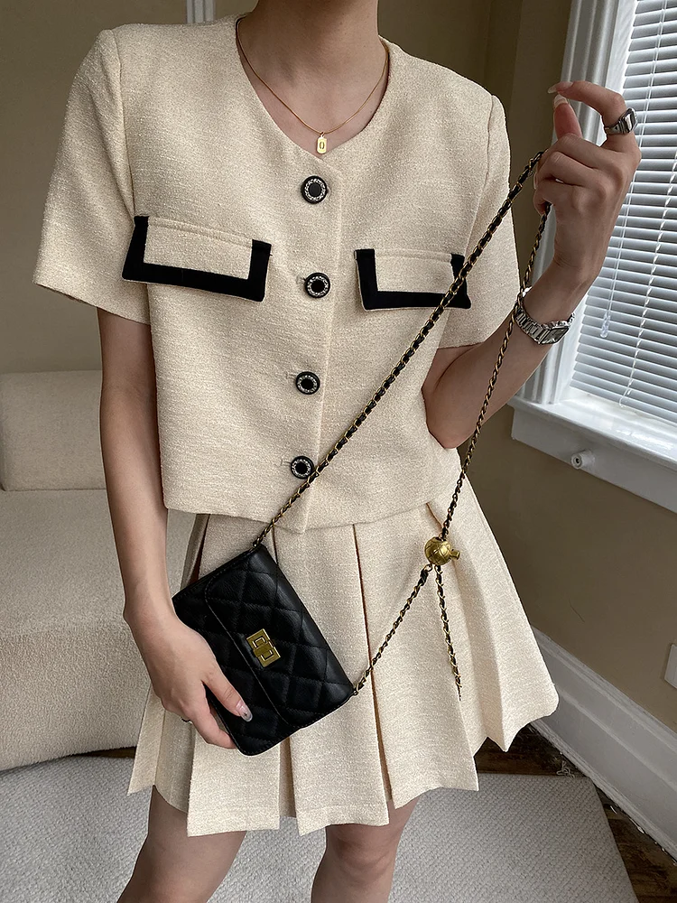Urban Style Short Sleeve Jacket and Elastic Waist Skirt Suits - yankia