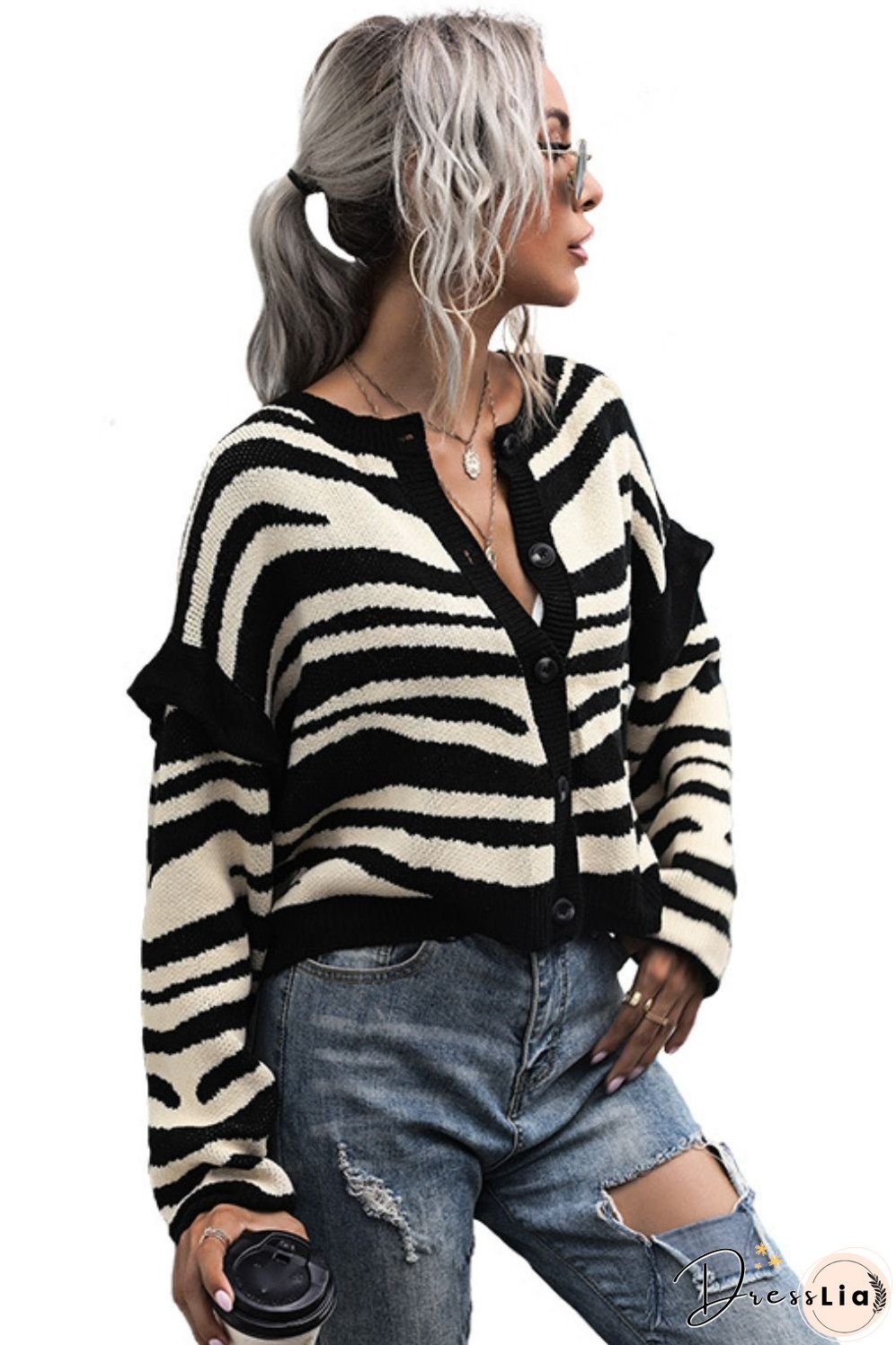 Striped Button-Down Round Neck Drop Shoulder Cardigan