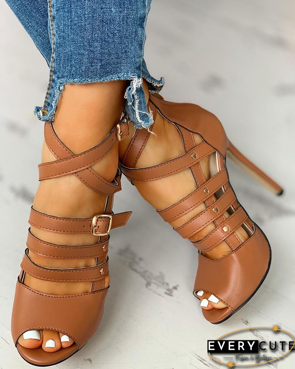 Solid Hollow Out Ankle Strap Thin Heeled Sandals