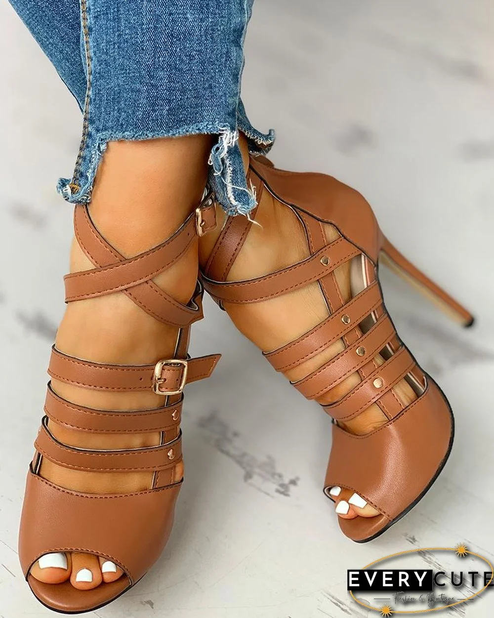 Solid Hollow Out Ankle Strap Thin Heeled Sandals
