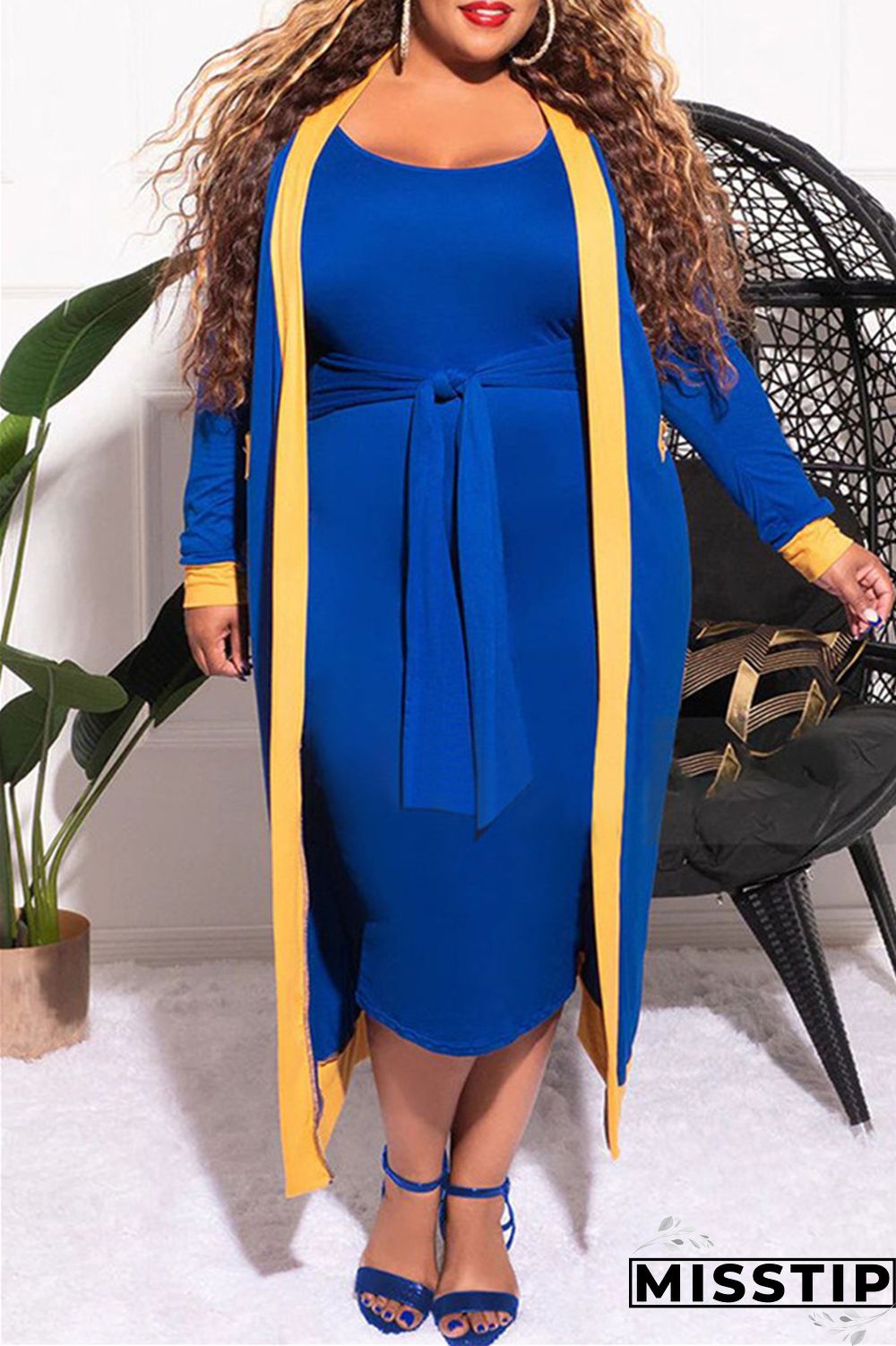 Blue Fashion Casual Solid Patchwork O Neck Plus Size Two Pieces