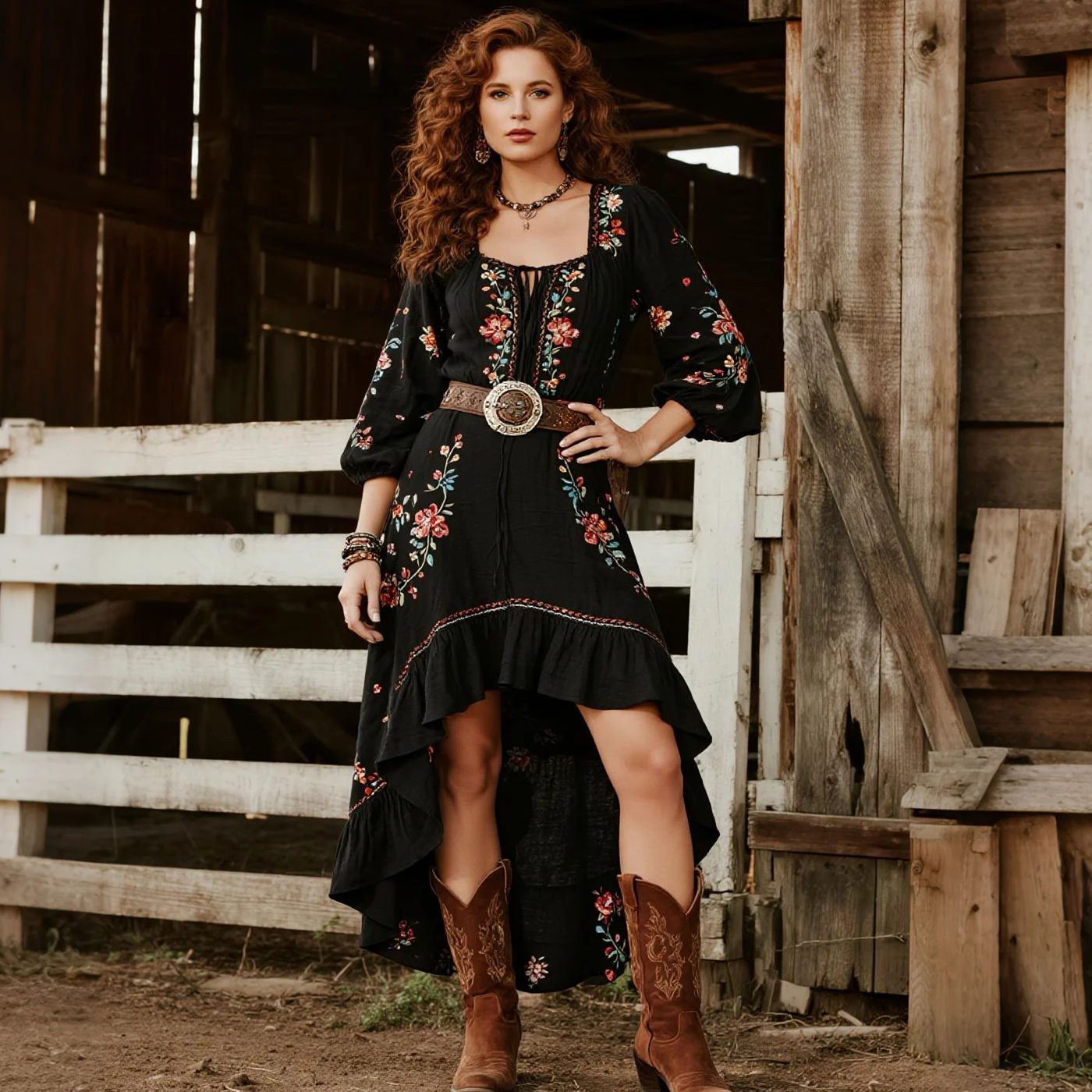 Western Retro Floral Long Sleeve Dress