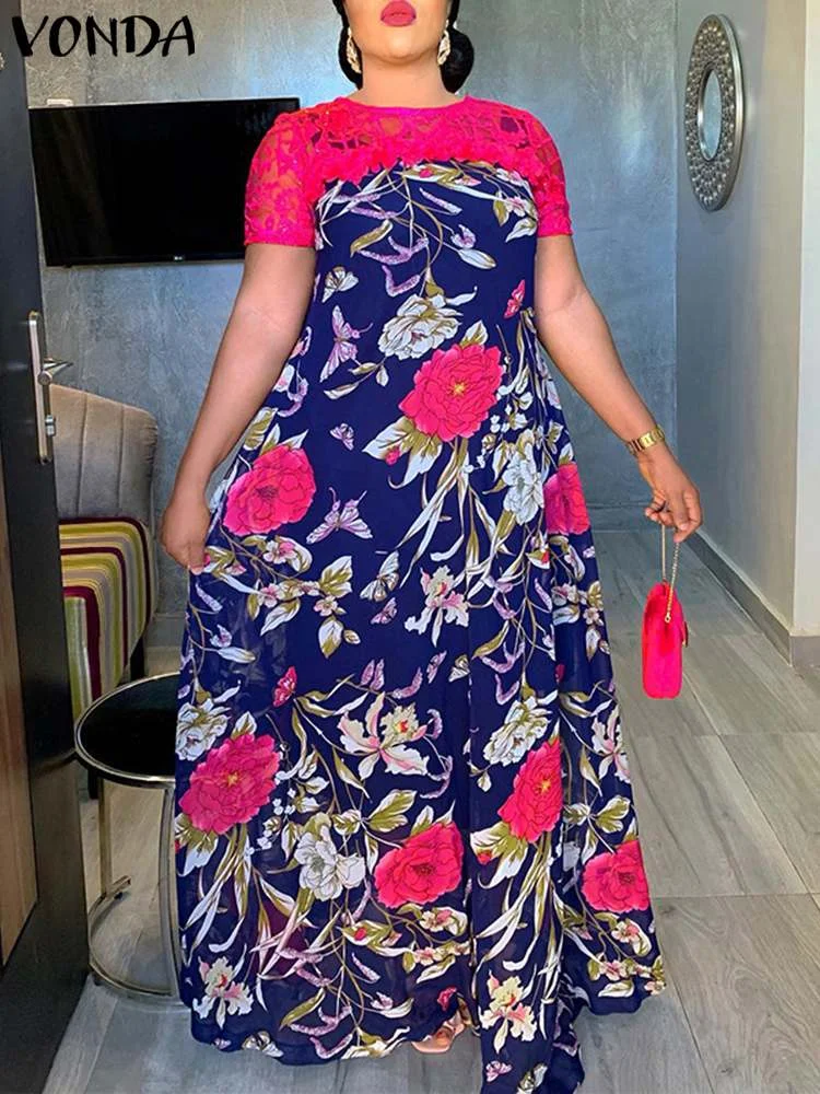 VONDA Bohemian Floral Printed Party Sundress 2022 Summer Women Short Sleeve Lace Patchwork Robe Casual Holiday Maxi Long Dress