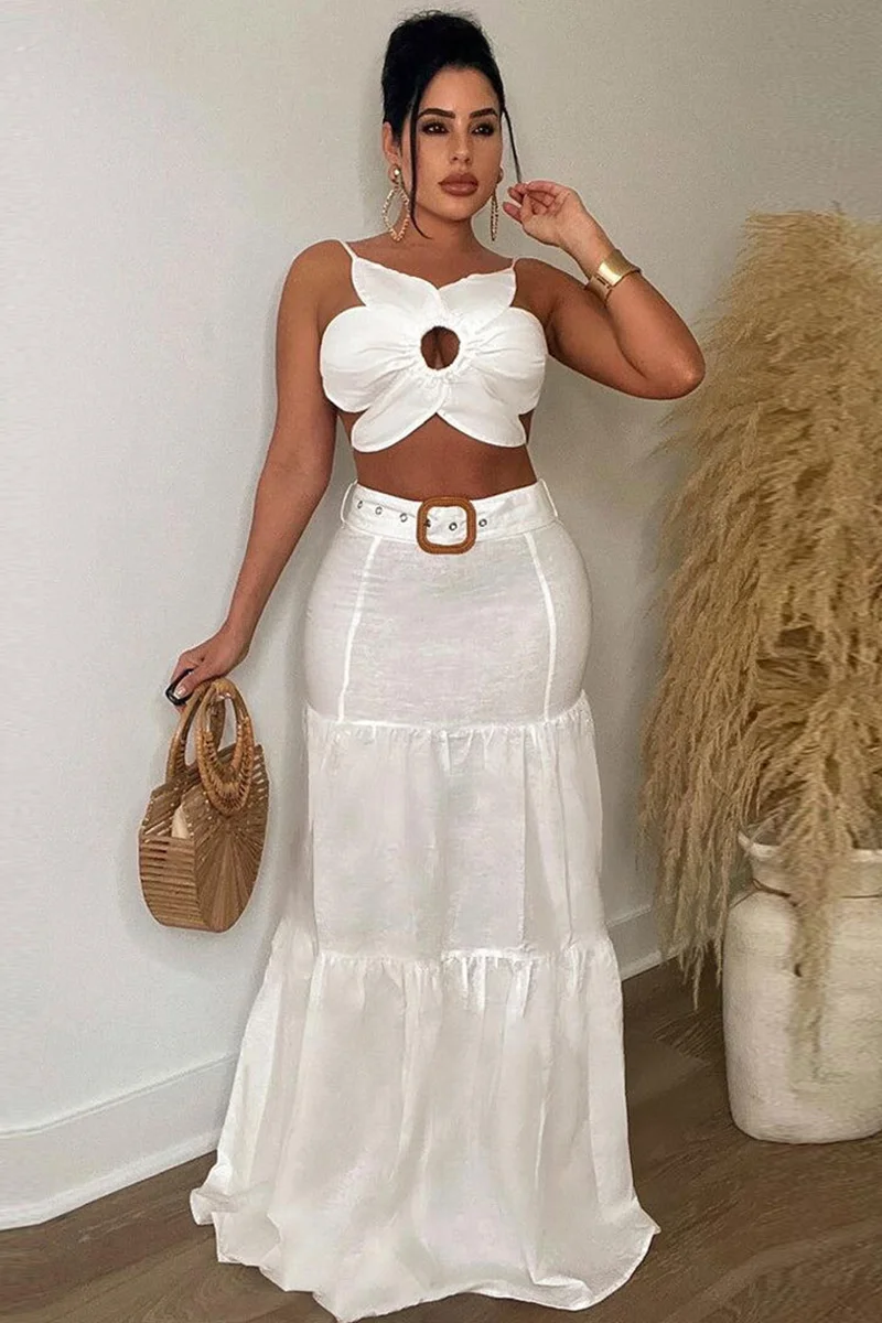 Floral Trim Backless Crop Top Slim Fit Wide Hem Vacation White Maxi Skirt Matching Set
