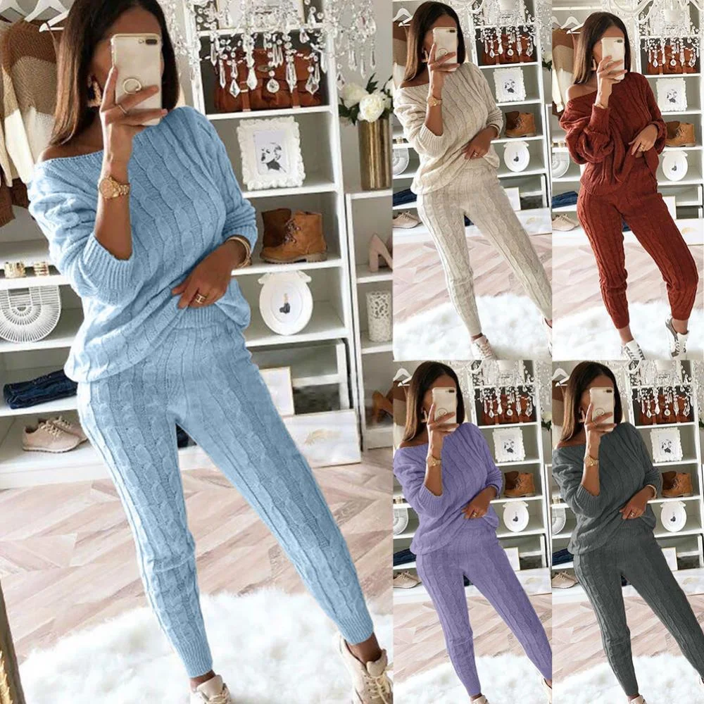 UForever21 Back To School 2Pcs/Set Autumn Winter Knitted Outfits Women Pant Suits  One Shoulder Sweaters Skinny Pants Two Piece Set Women Tracksuits