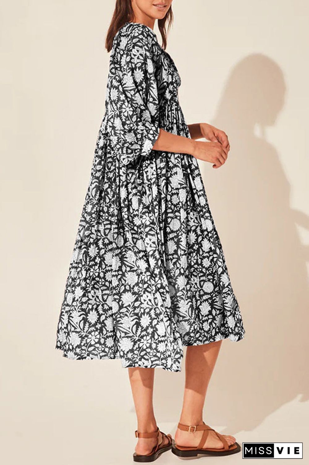 College Vacation Dress Floral Patchwork Frenulum Asymmetrical Collar Beach Dress