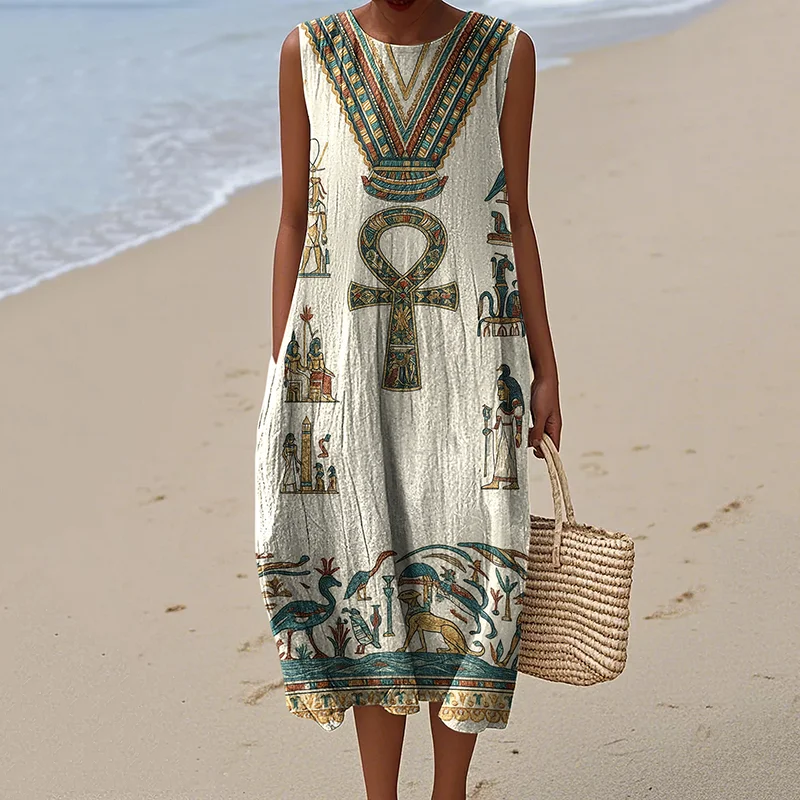Ancient Egyptian Inspired Women's Vintage Linen Casual Sleeveless Dress